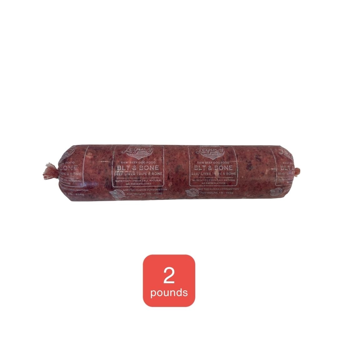 natural raw beef liver tripe and bone dog food 2 pound tube on white background