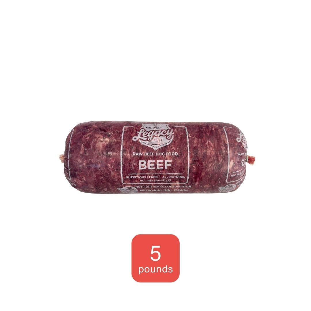 midwest legacy raw muscle beef  dog food 5 pound tube on white background