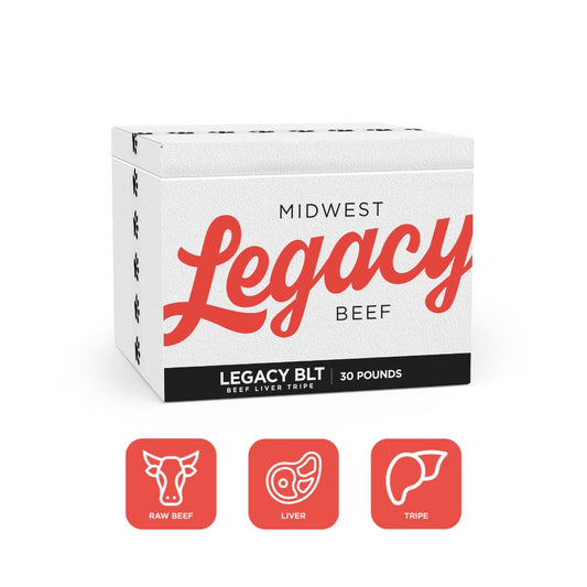 styrofoam container with midwest legacy beef logo on it in orange for the blt blend dog food with icons on bottom