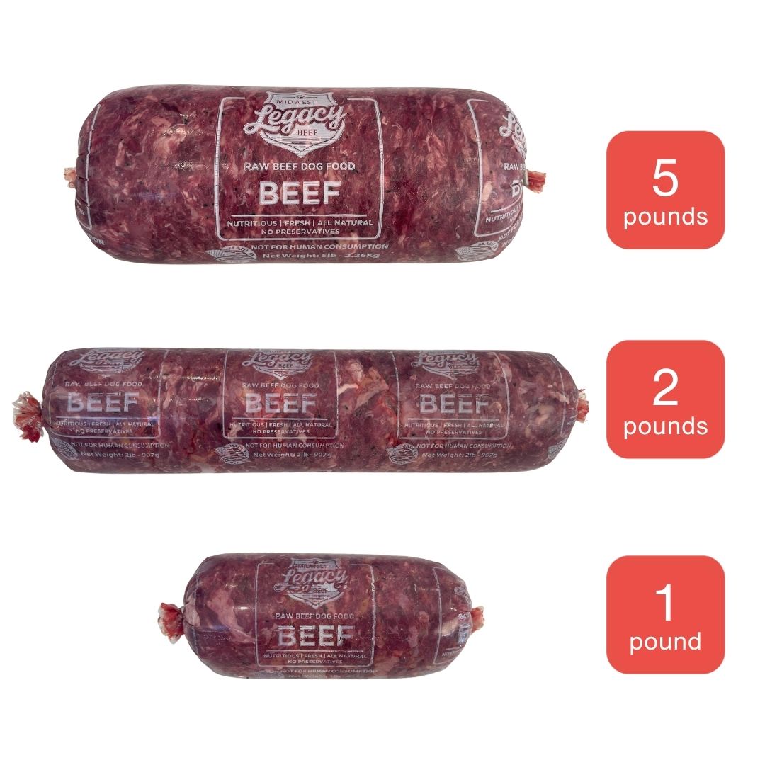 red raw beef premium beef tubes in 5 pound, 2 pound, 1 pound packaging on white background and orange icons