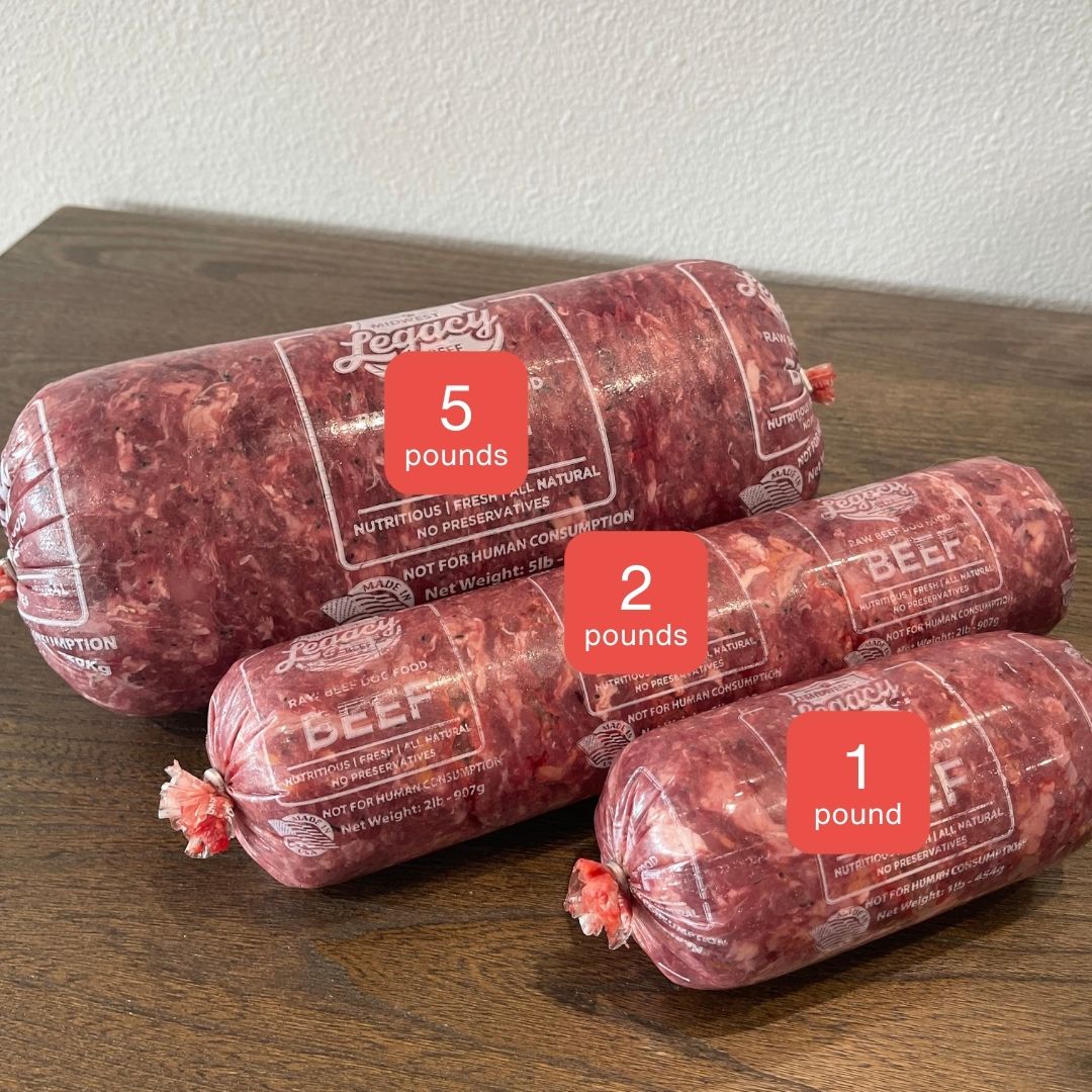 three raw beef dog food packages on wooden surgace with size comparison for 5 pound, 2 pound, and 1 pound tubes