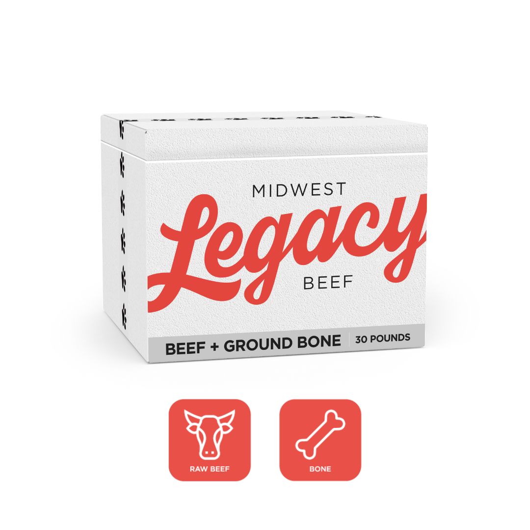 styrofoam container with midwest legacy beef logo on it in orange for the raw beef and ground bone blend dog food