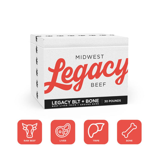 styrofoam container with midwest legacy beef logo on it in orange for the raw beef, liver, tripe, heart, spleen, kidney and ground bone blend dog food with orange icons