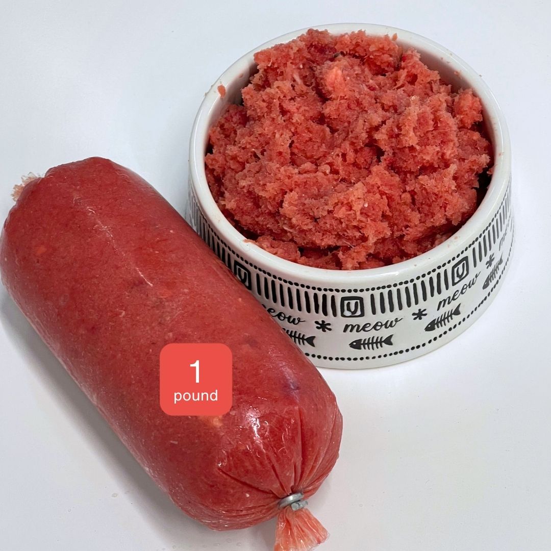 raw fish cat and dog animal food in frozen and thawed tube