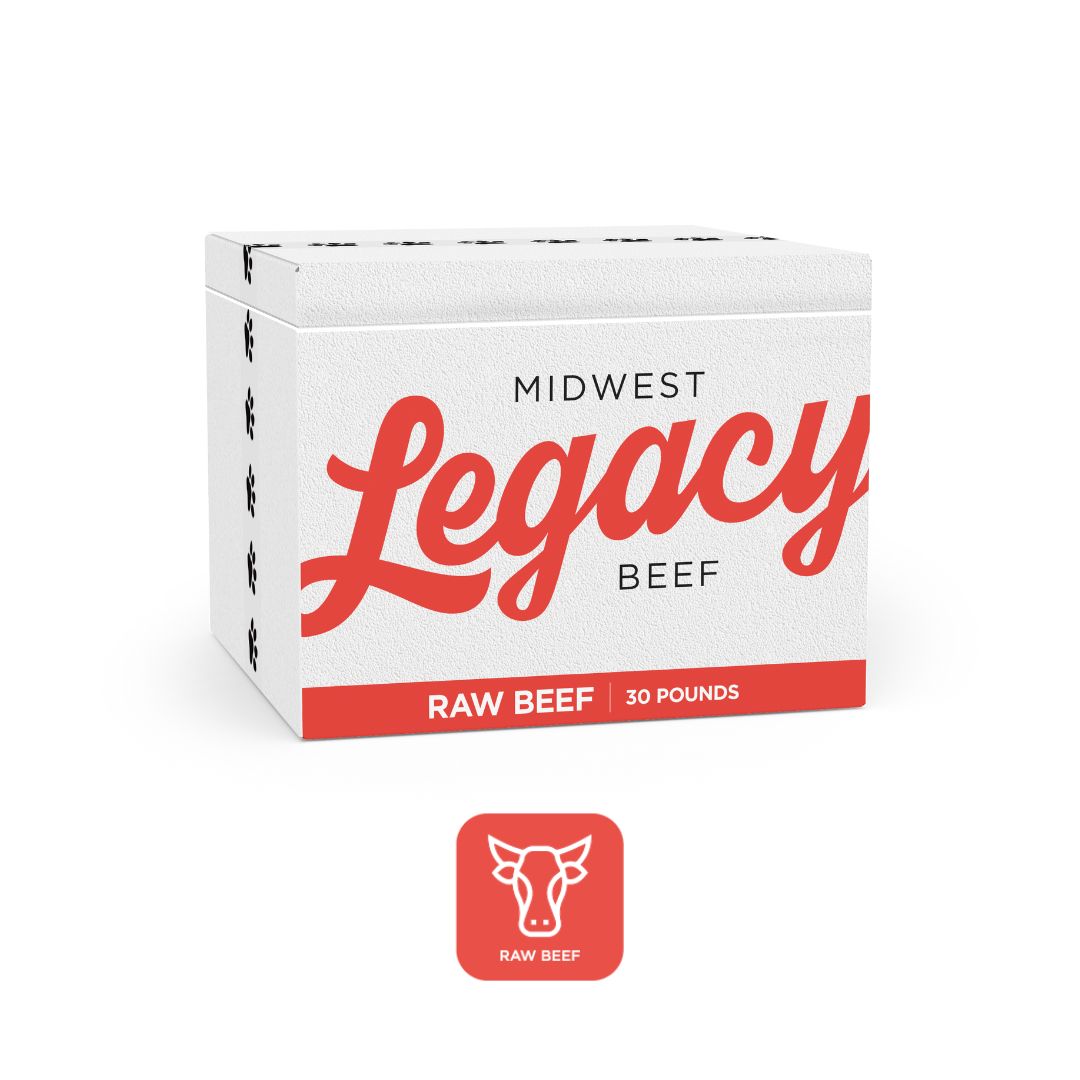 white cooler container with midwest legacy beef logo on it in red for the raw beef blend dog food with orange icons