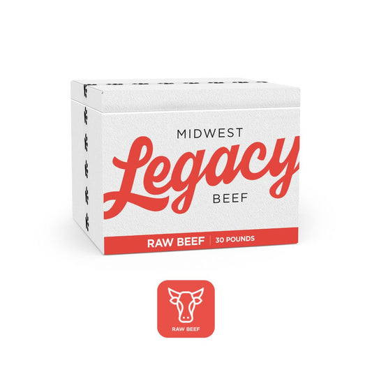white cooler container with midwest legacy beef logo on it in red for the raw beef blend dog food with orange icons