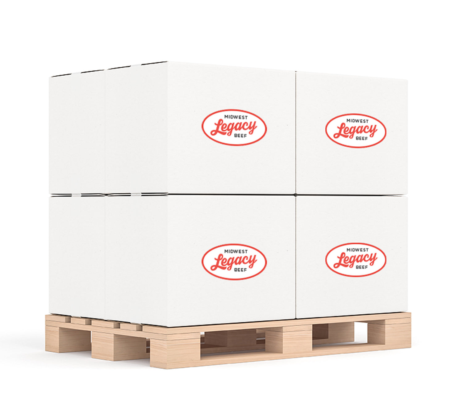 four boxes of midwest legacy beef dog food stacked onto palette with white background