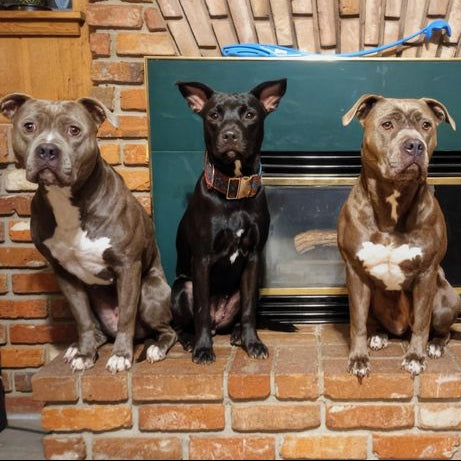Four dogs sitting on a brick ledge in front of a fireplace.