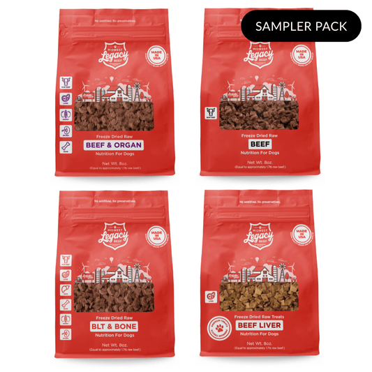 Four red packages of Midwest Legacy Beef freeze dry food sampler variety pack
