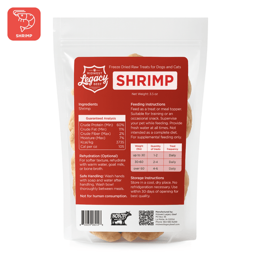 Midwest Legacy Beef Freeze Dried Raw Shrimp single ingredient treats for dogs and cats on white background