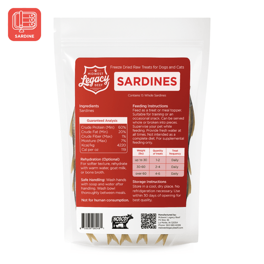 Package of freeze-dried raw sardines for dogs and cats with a red label on a white background.