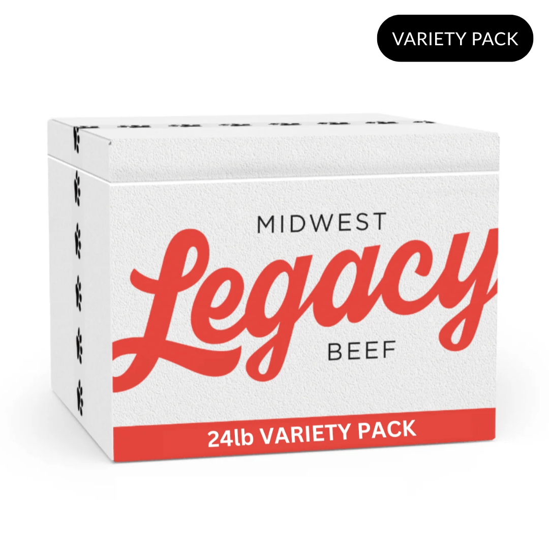 Variety Pack of Midwest Legacy Beef raw dog food on white background