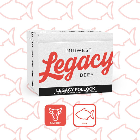 cat raw food blend with pollock fish icons in background with orange icons for midwest legacy beef